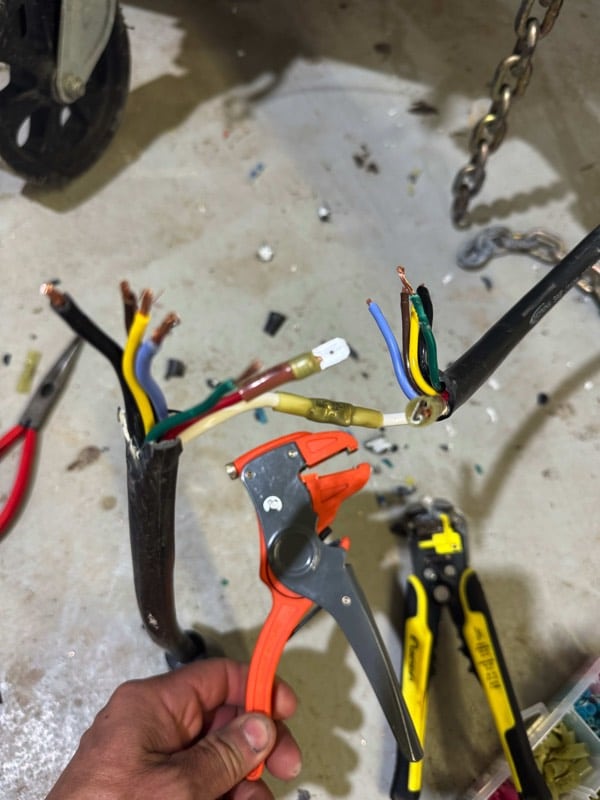 Damaged wire harness from a trailer that was repaired.